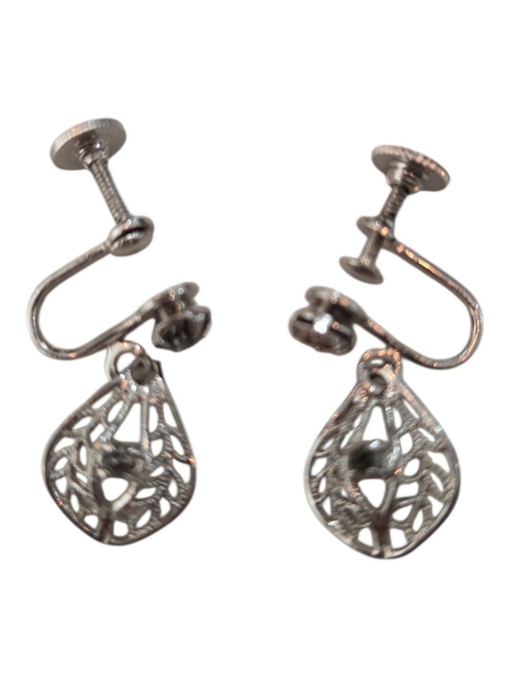 Vintage Ornate Silver Tone Filigree Drop Screw Back Earrings